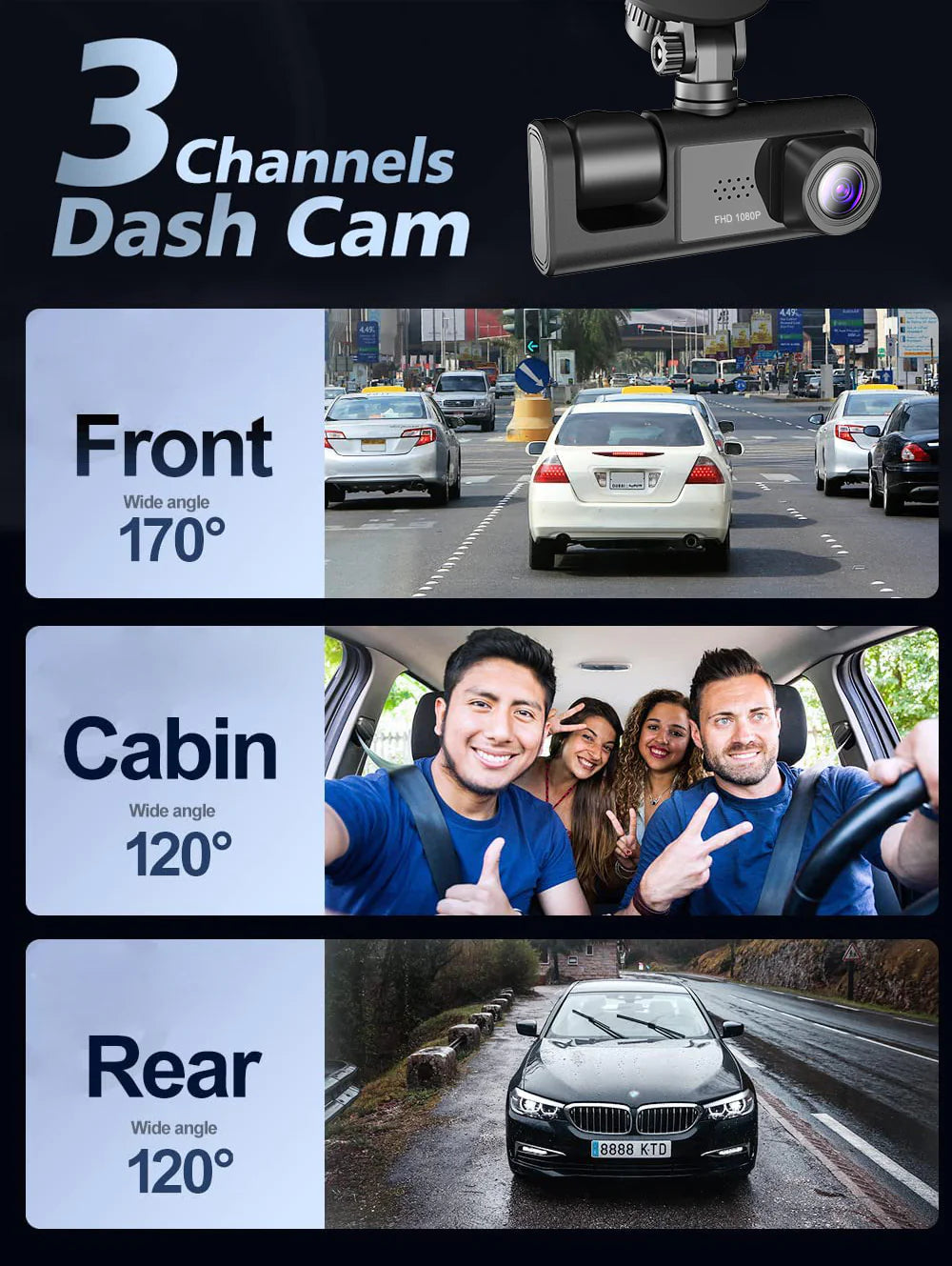 Car Dual-Lens Dash Cam:[HD 1080P][Front/Rear/Inside] Video RecordingCamera G-Sensor