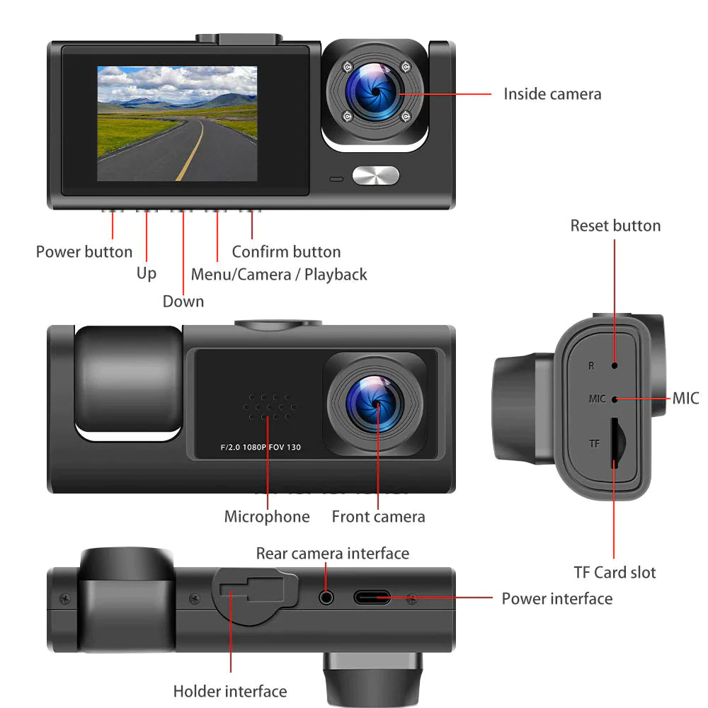 Car Dual-Lens Dash Cam:[HD 1080P][Front/Rear/Inside] Video RecordingCamera G-Sensor