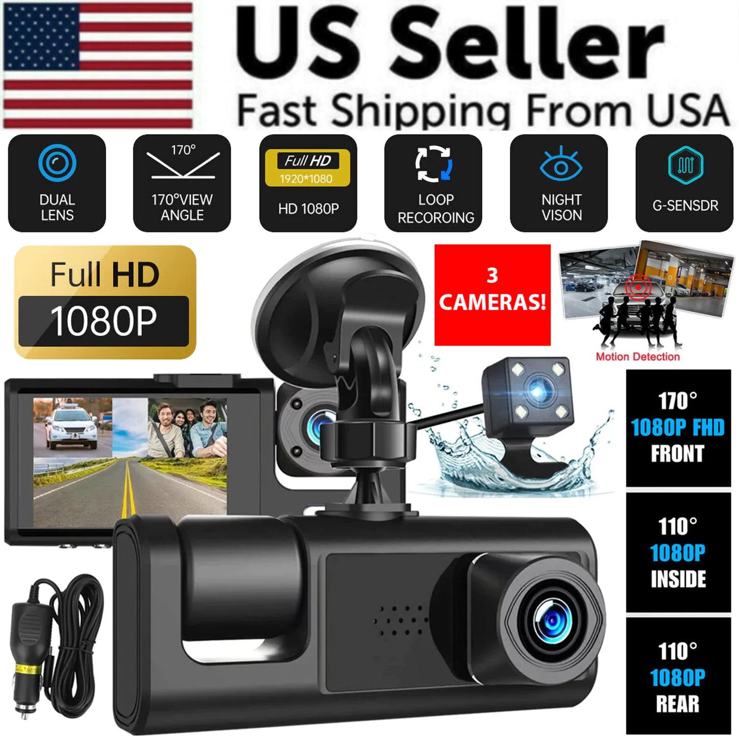 Car Dual-Lens Dash Cam:[HD 1080P][Front/Rear/Inside] Video RecordingCamera G-Sensor