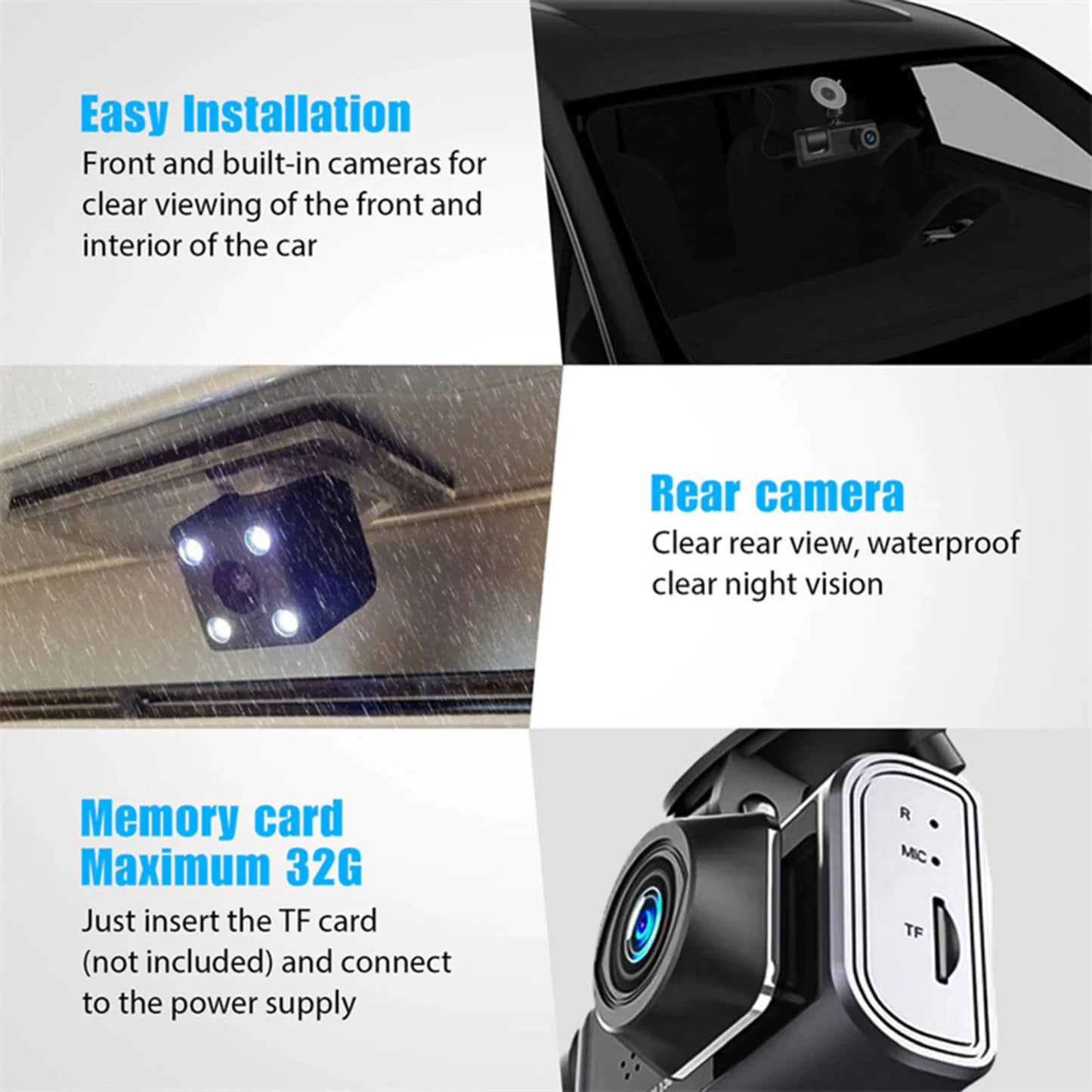 Car Dual-Lens Dash Cam:[HD 1080P][Front/Rear/Inside] Video RecordingCamera G-Sensor