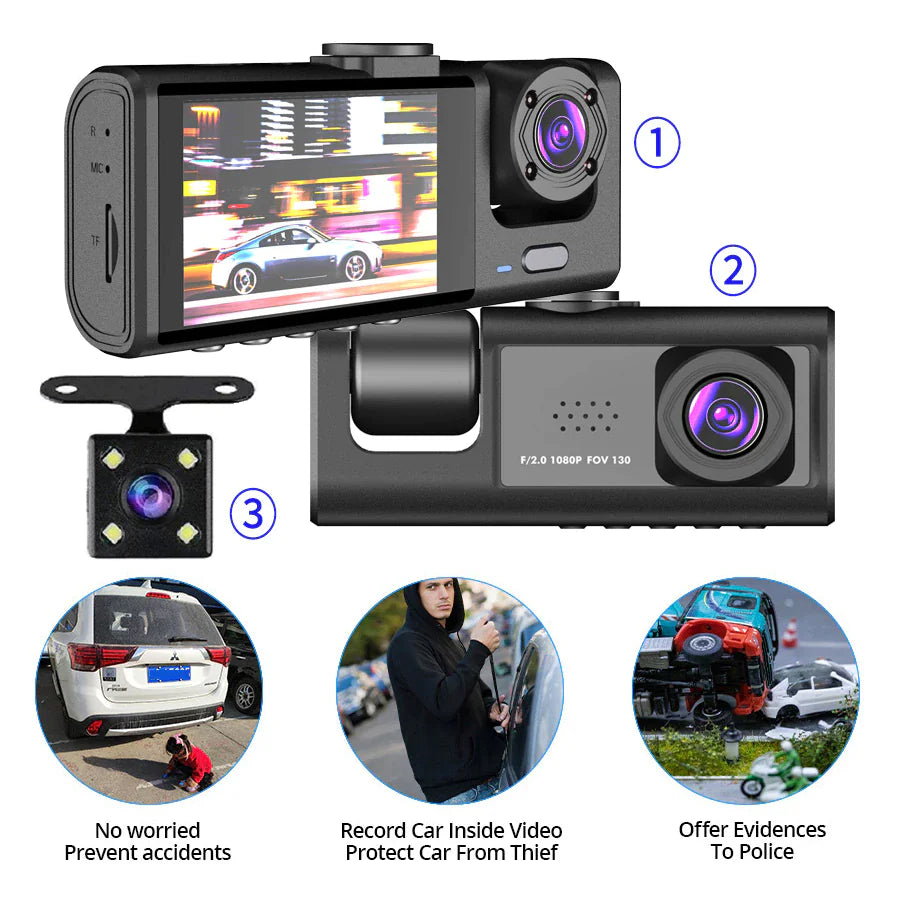 Car Dual-Lens Dash Cam:[HD 1080P][Front/Rear/Inside] Video RecordingCamera G-Sensor