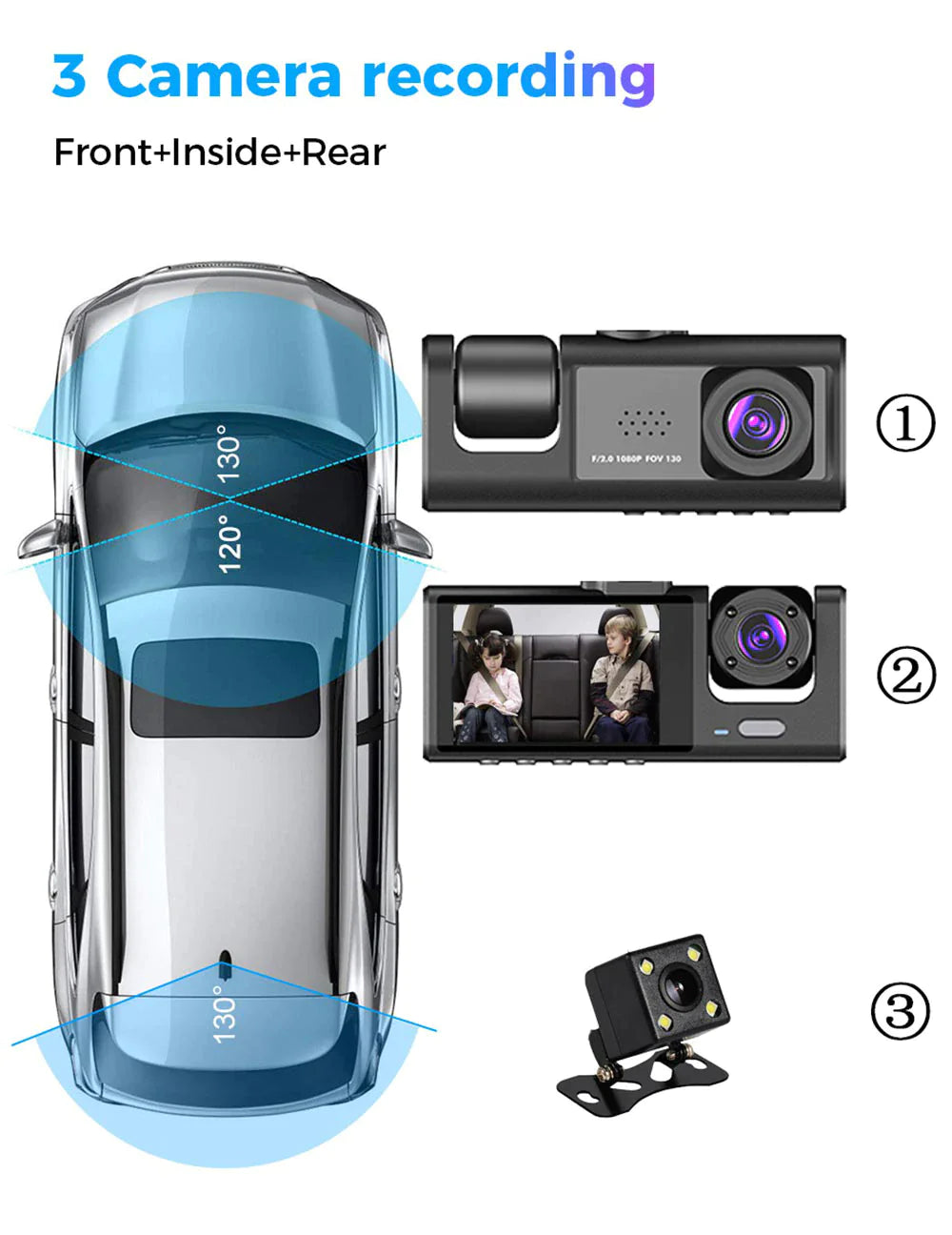 Car Dual-Lens Dash Cam:[HD 1080P][Front/Rear/Inside] Video RecordingCamera G-Sensor